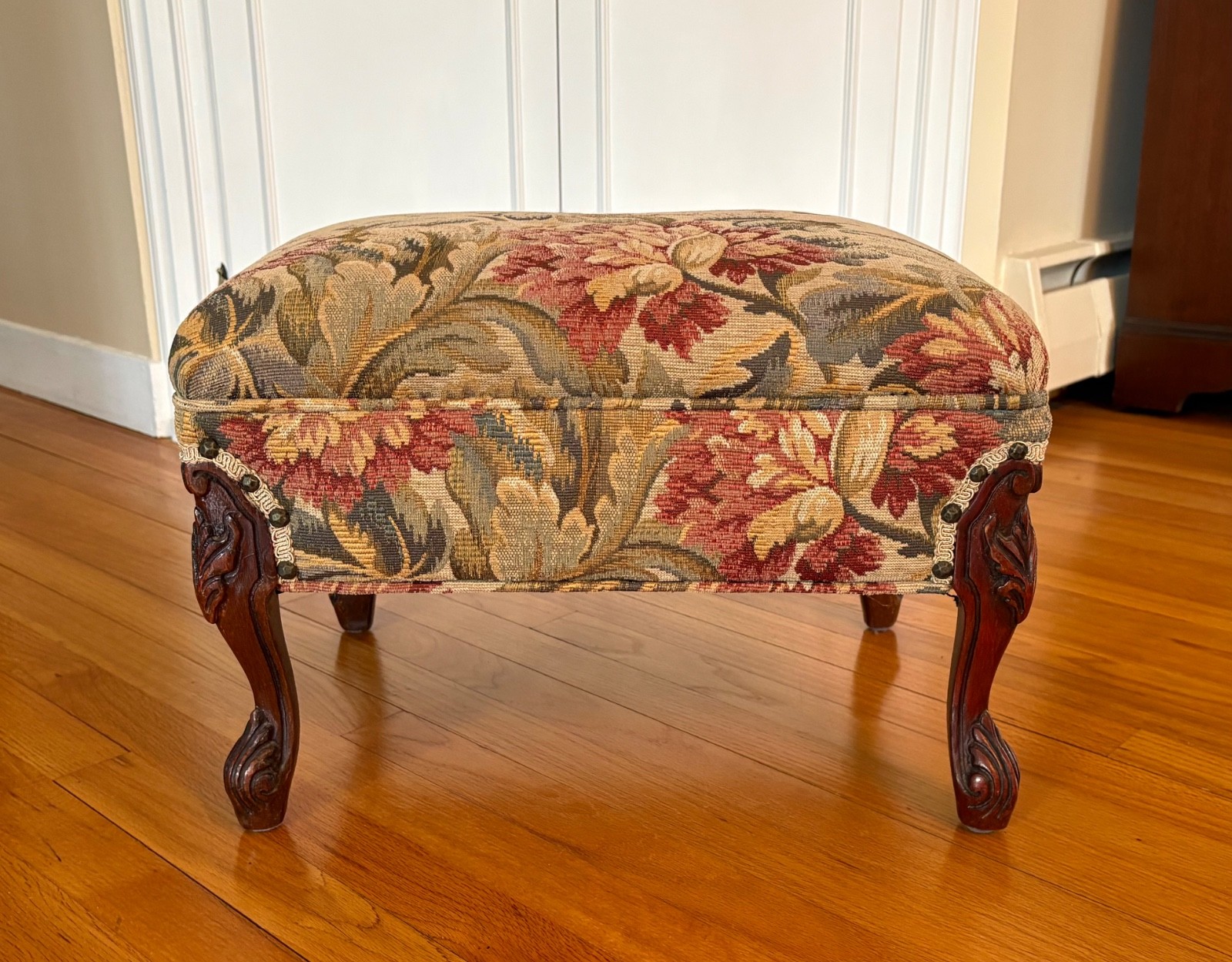 Vintage Louis XV Style French Floral Tapestry Upholstered Ottoman Footstool