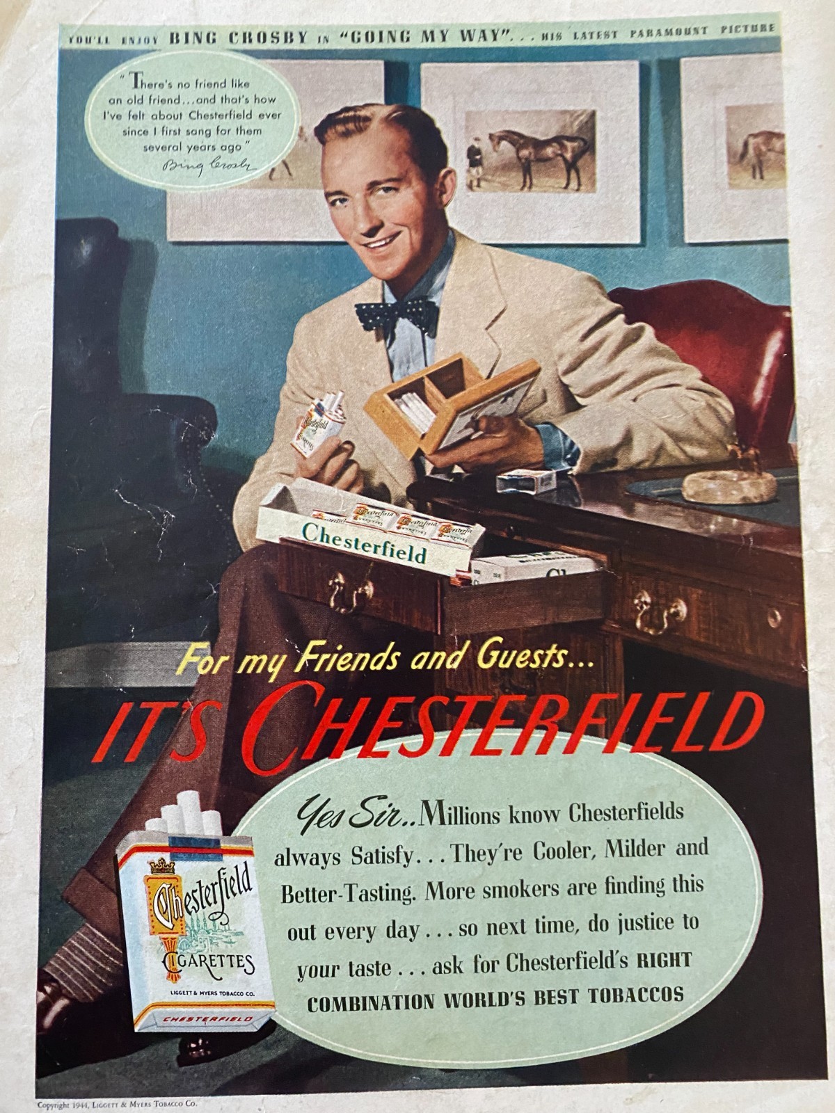 Bing Crosby, Chesterfield Cigarettes, Full Page  Vintage Print Ad, aa
