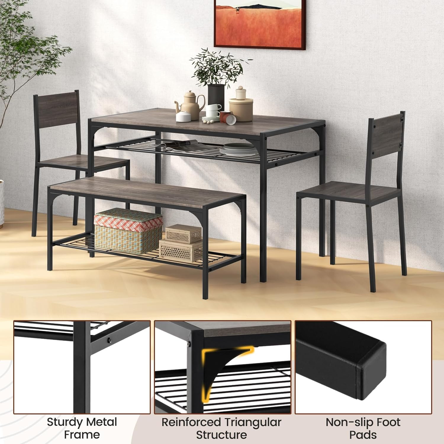 Compact 4-Piece Dining Set with Bench & Storage - Industrial Style (Black & Grey