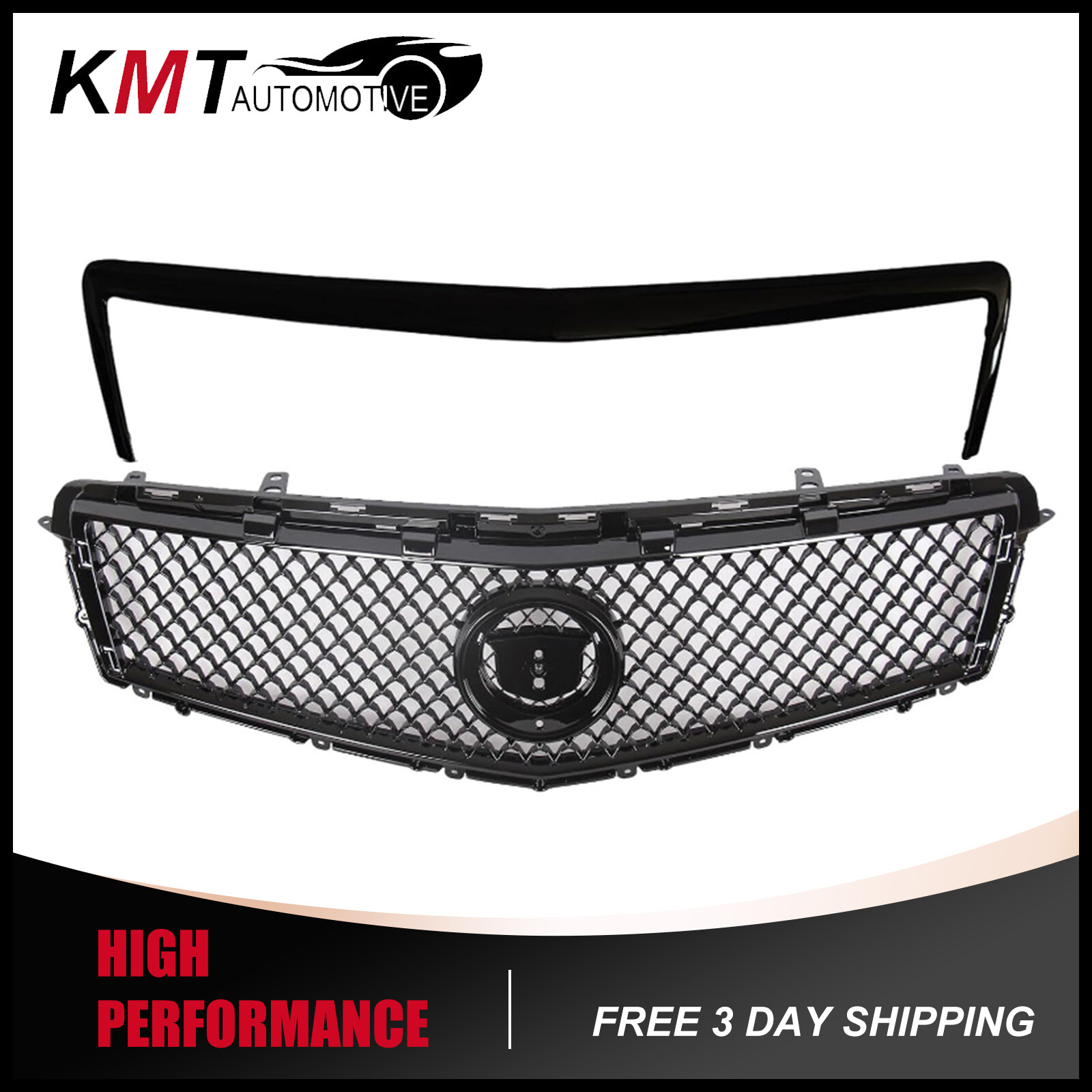 2PCS Front Upper Grille & Trim Molding For 2013-2014 Cadillac ATS Gloss Black