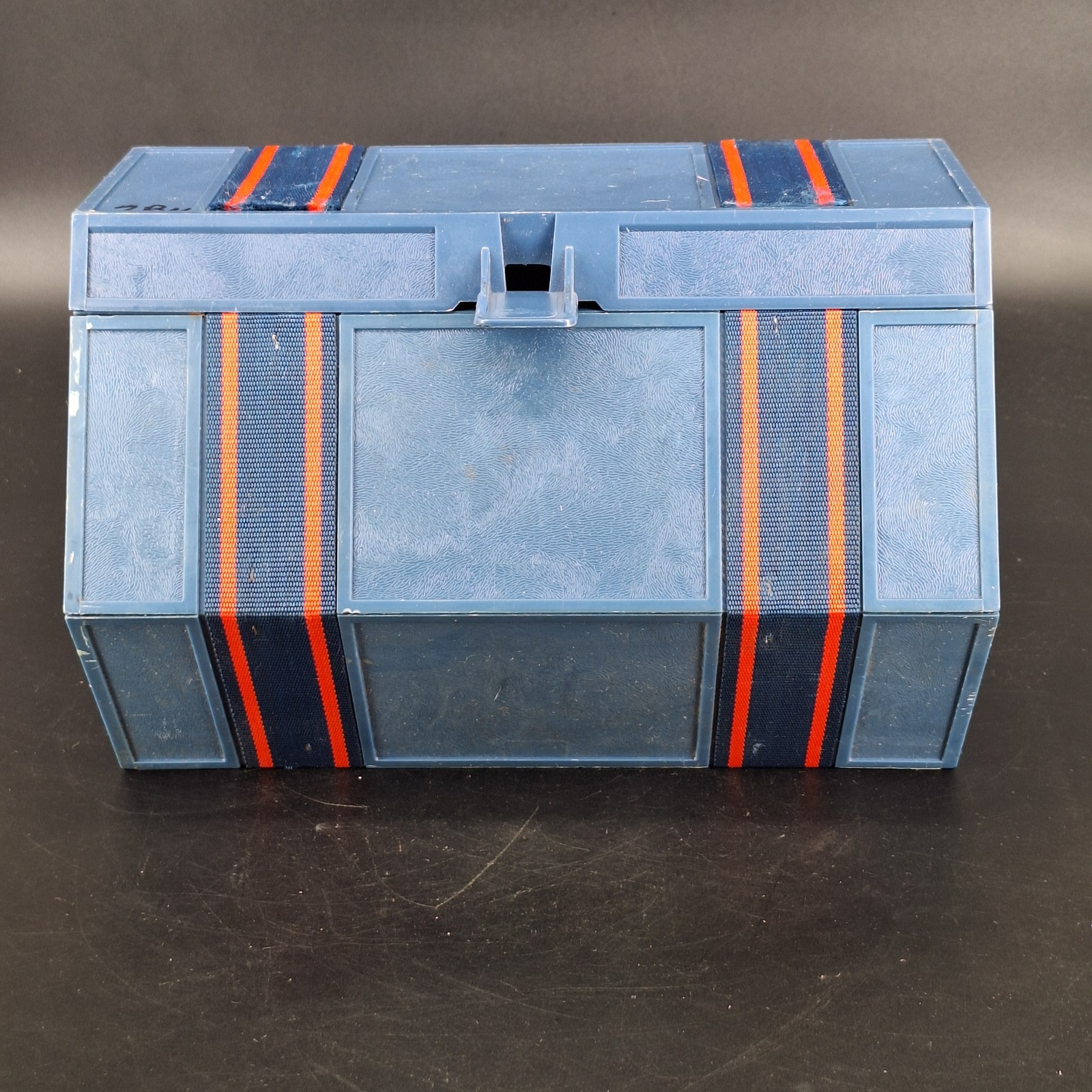 Vintage Blue Plastic Tool Box Organizer with Orange Racing Stripes Trunk Style