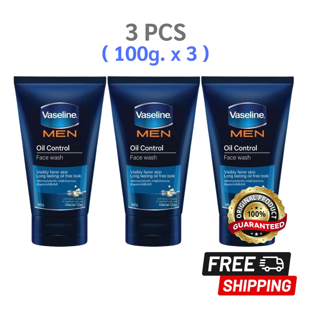 3x Vaseline MEN Face Wash Oil Control Visibly Fairer Skin with Glacial Clay 100g