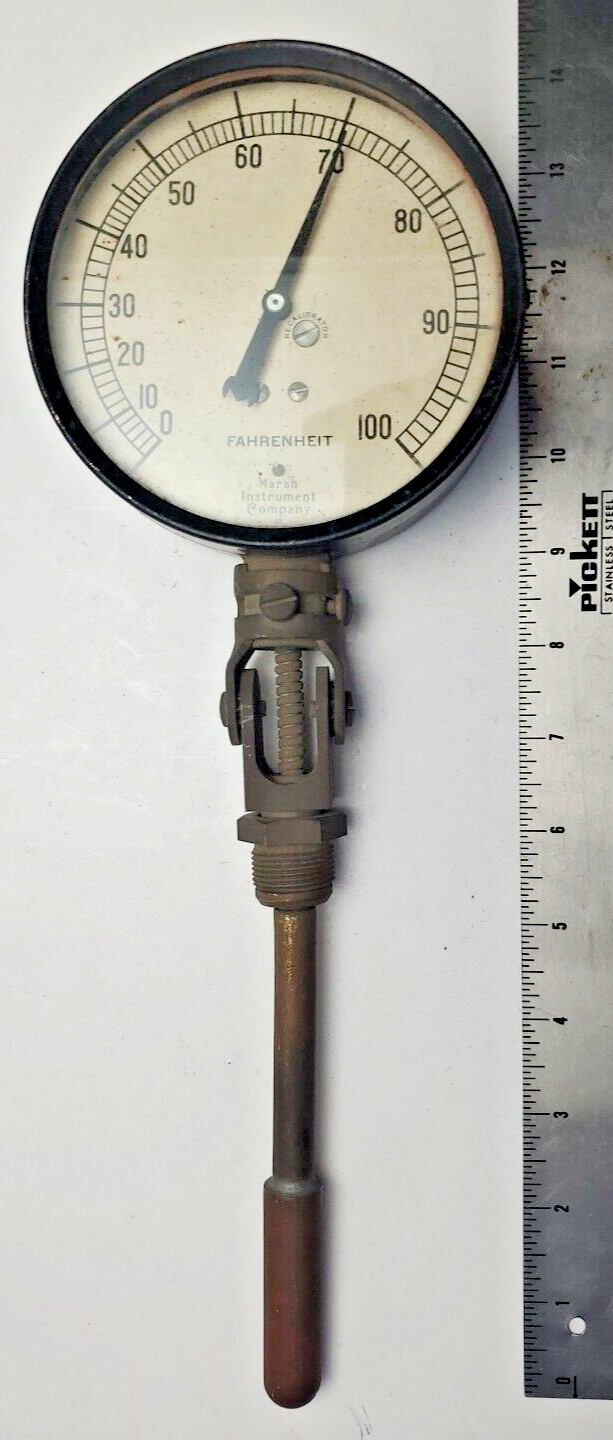 Marsh Instruments Fahrenheit Thermometer 0-100 Degrees Face 5" Adjustable Sensor