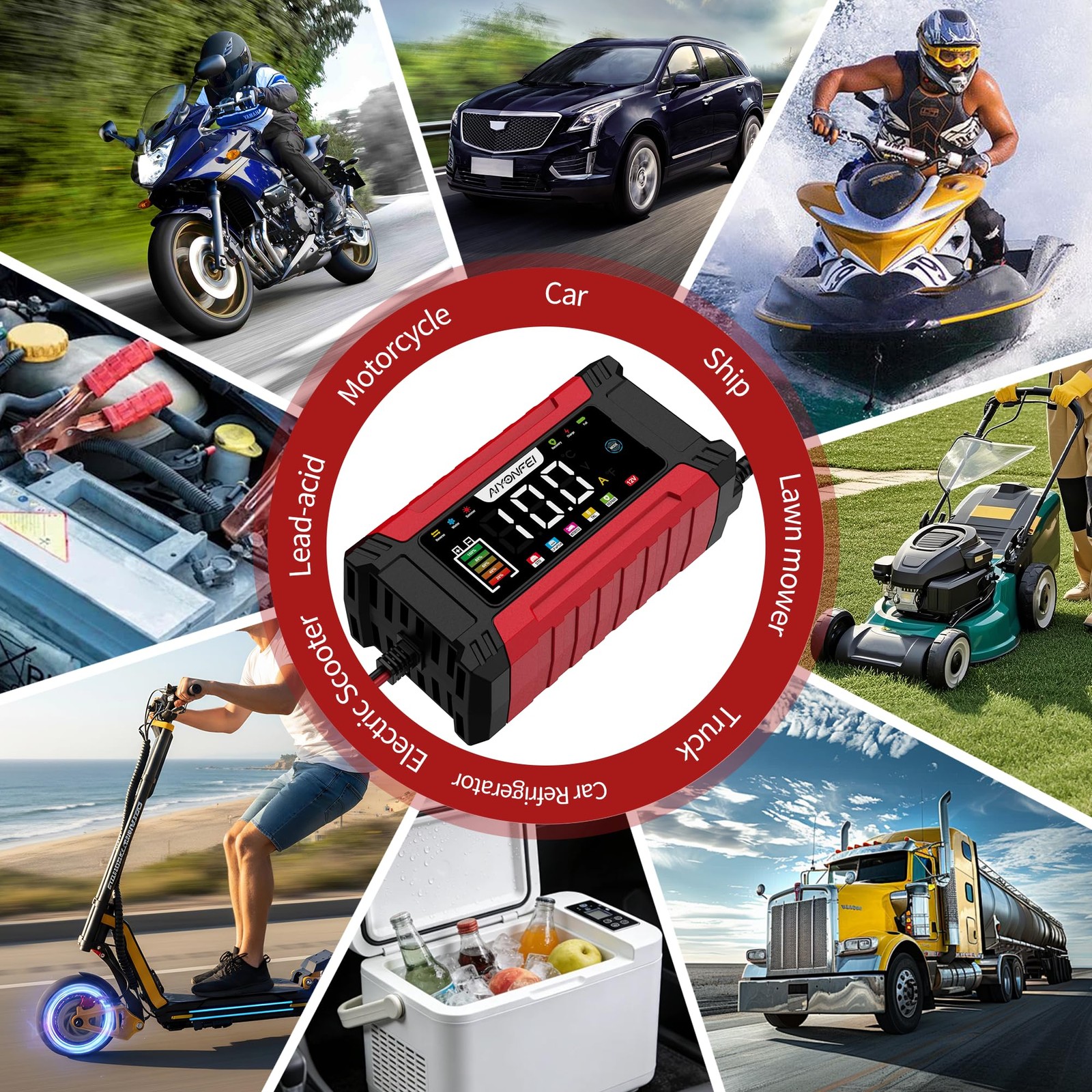 AIYONFEI 12V 10A Battery Charger, 9-Stage Smart Trickle Charger with LED Red