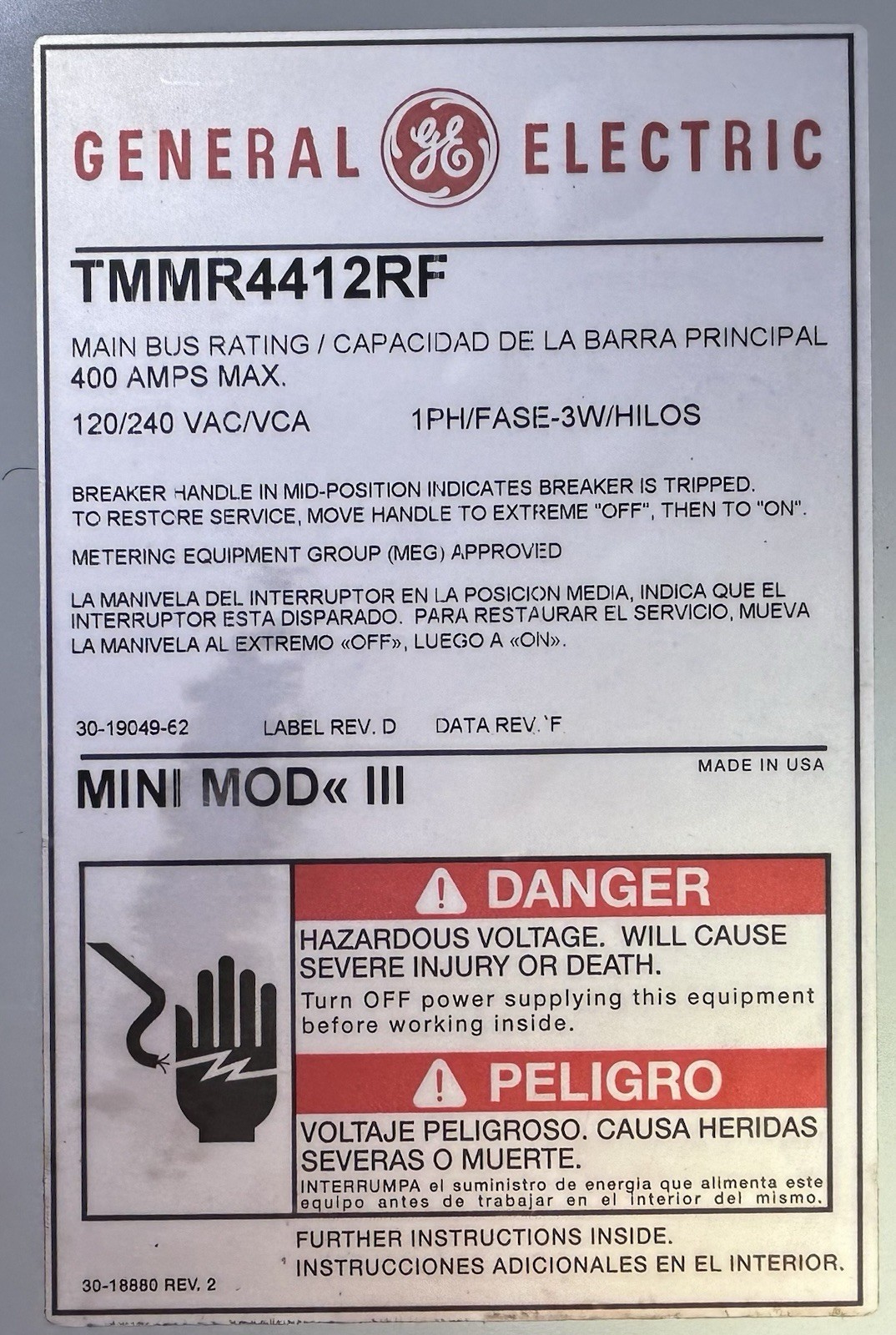 GE/General Electric TMMR4412RF RINGLESS 400 Amp 1Ph-3W 4 SOCKET 240V Panelboard