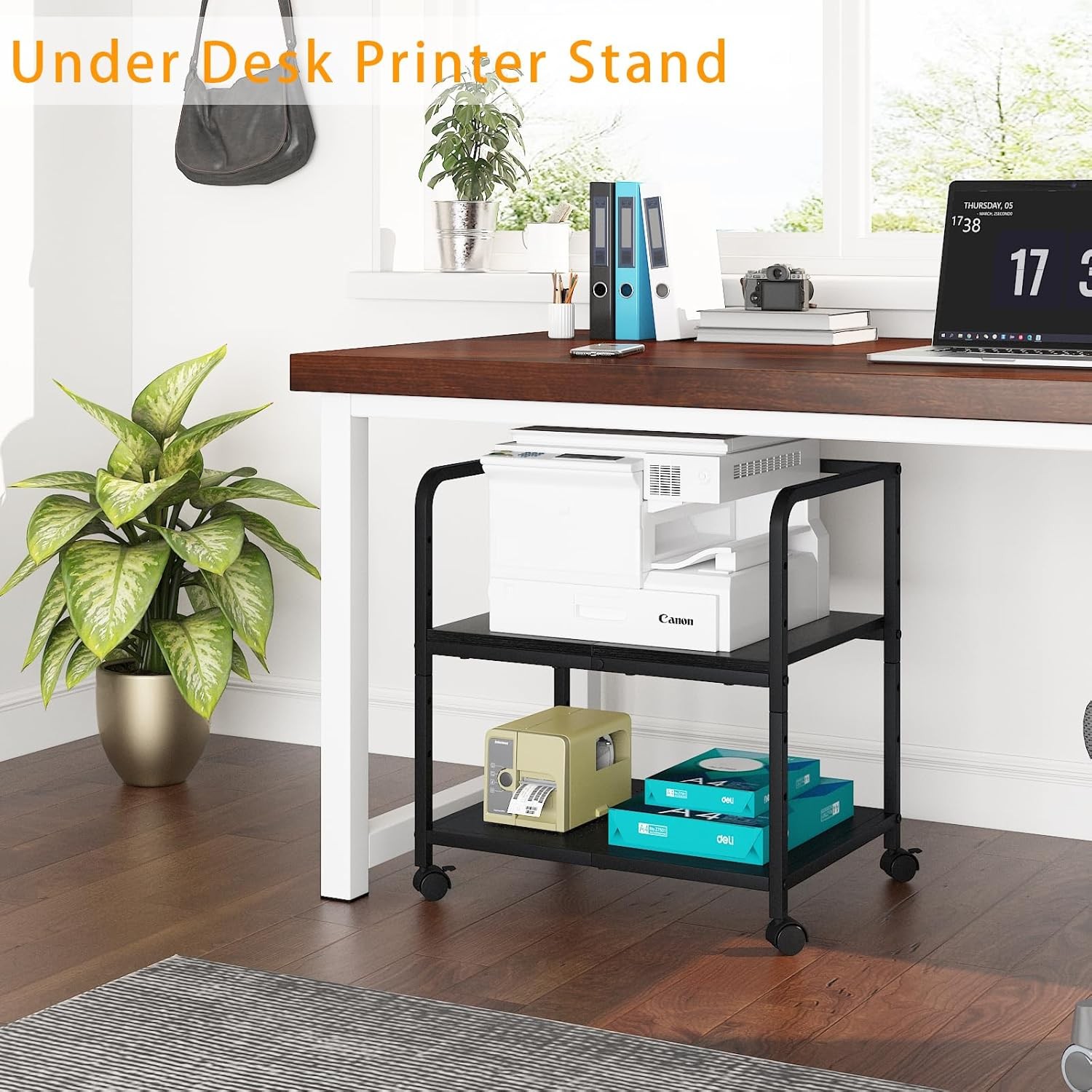 21"x15.8" Large Printer Stand W/ Storage 2-Tier Under Desk Printer Table Rolling