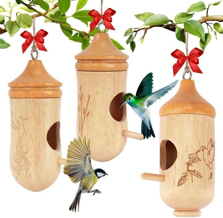 Set of 3 Wooden Hummingbird House Small Outdoor Bird House Hanging Garden Decor
