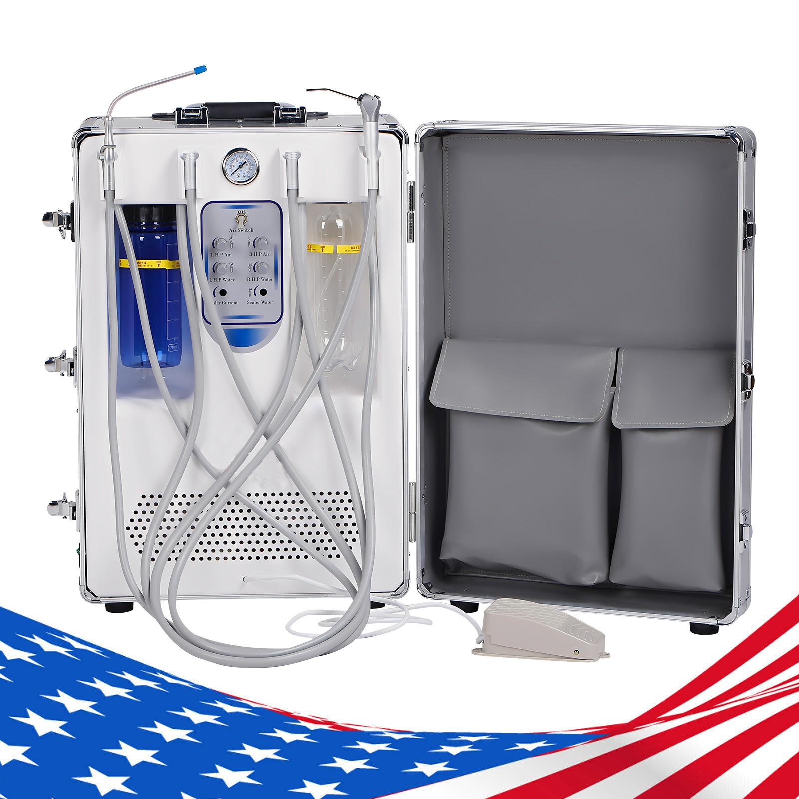 Portable Dental Delivery Unit Rolling Case Air Compressor Syringe Suction 4Hole