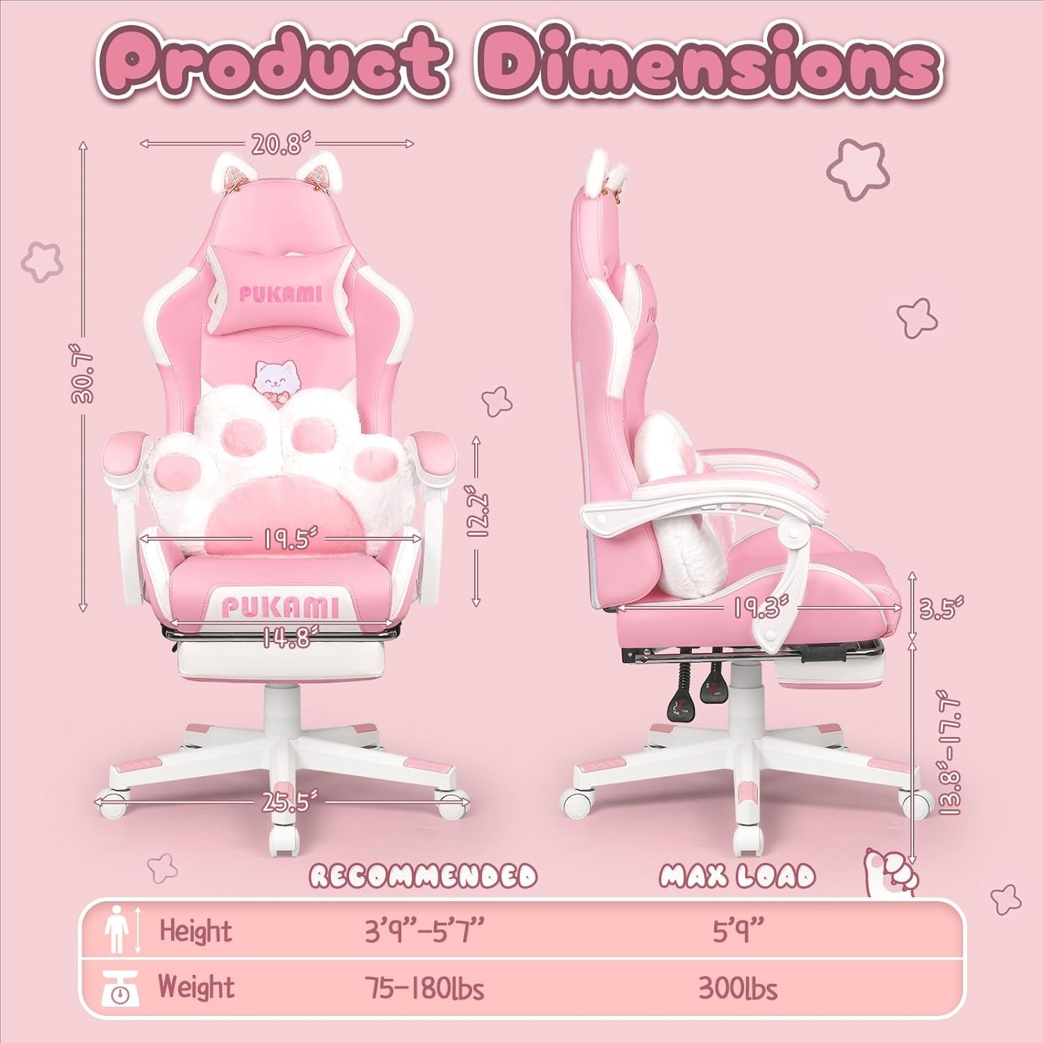 Pink Gaming Chair Cute with Cat Ears and Cat Paw Lumbar Cushion, Ergonomic Co...