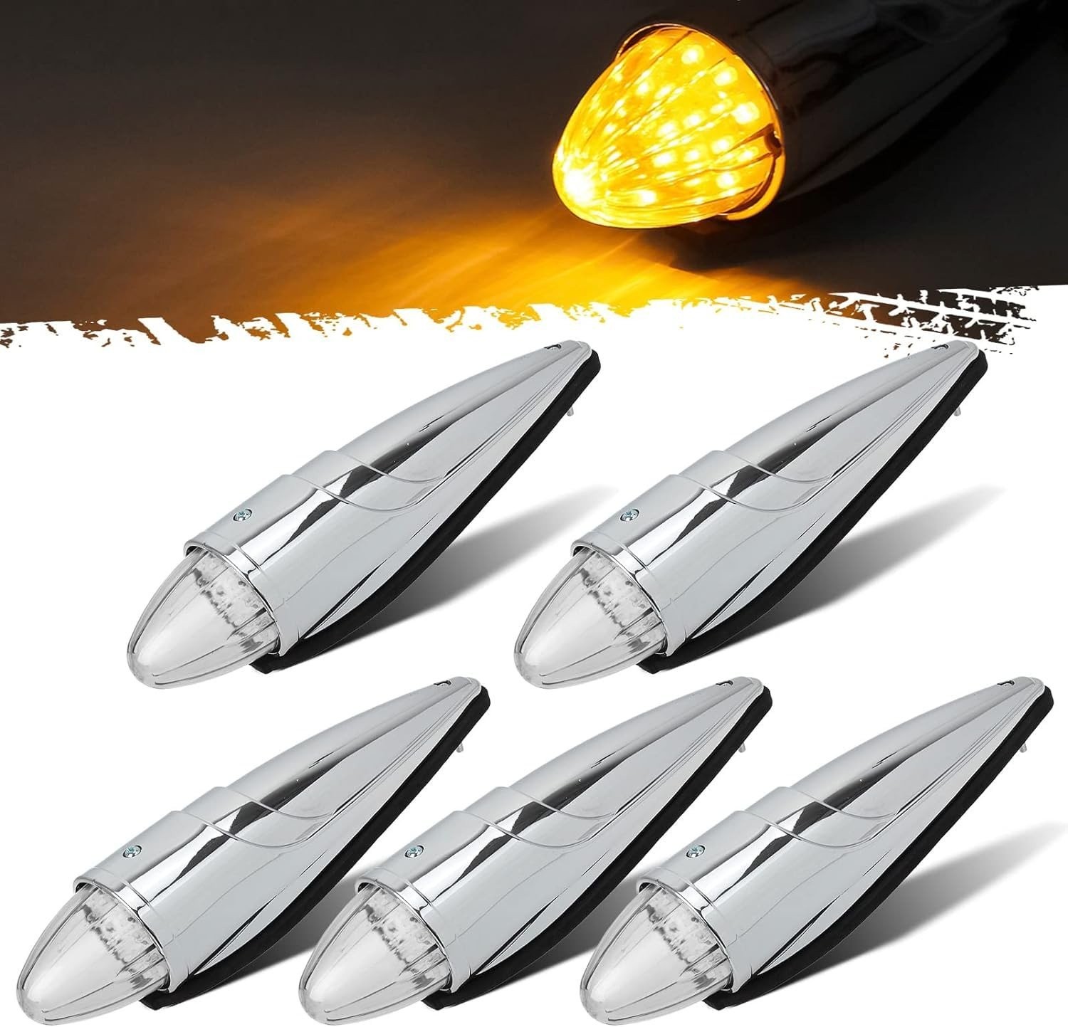 5x 17 LED Amber Torpedo Cab Marker Roof Running Top Lights Chrome Clear Lens