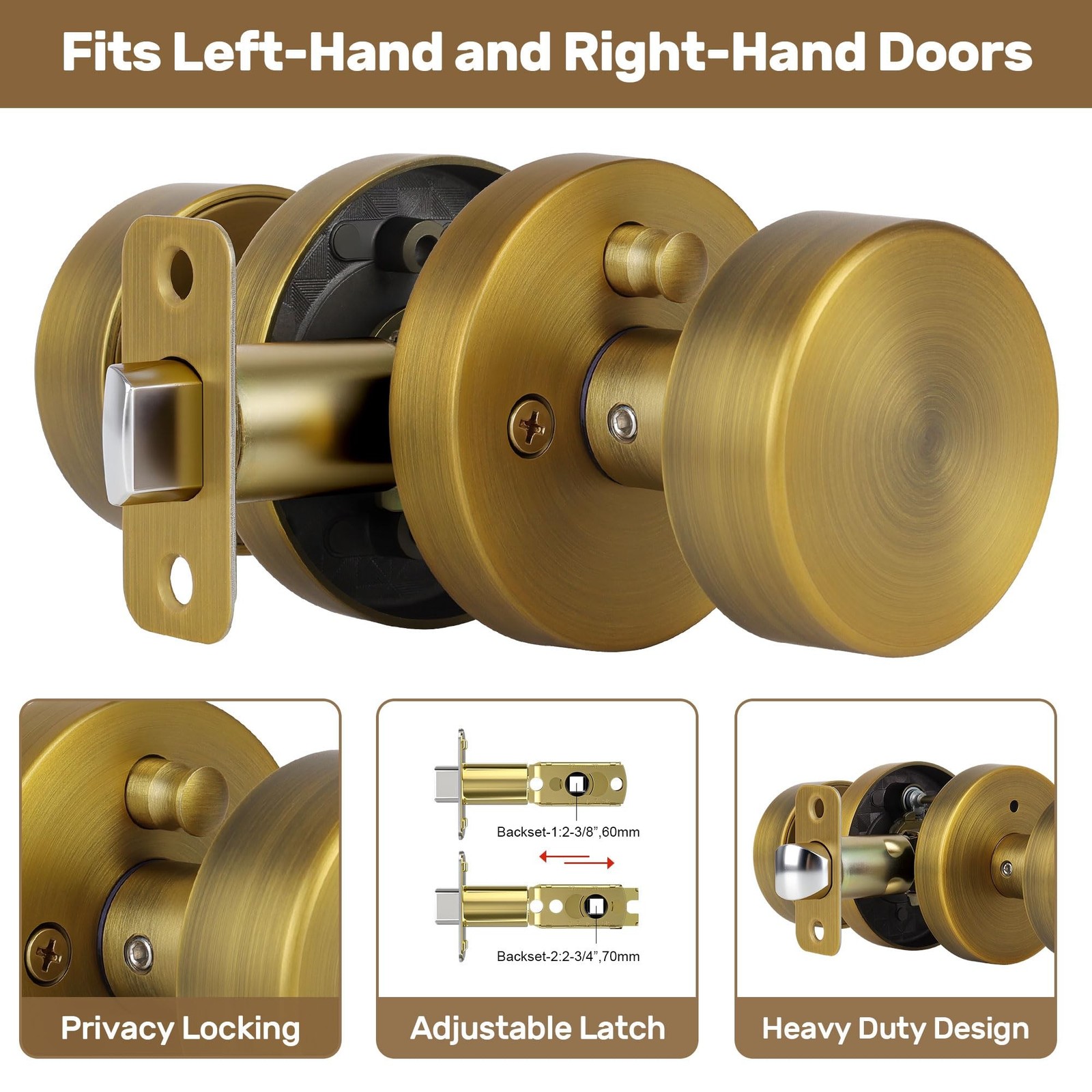 Antique Brass Privacy Door Knobs Interior with Lock, Old Style Round Door Kno...