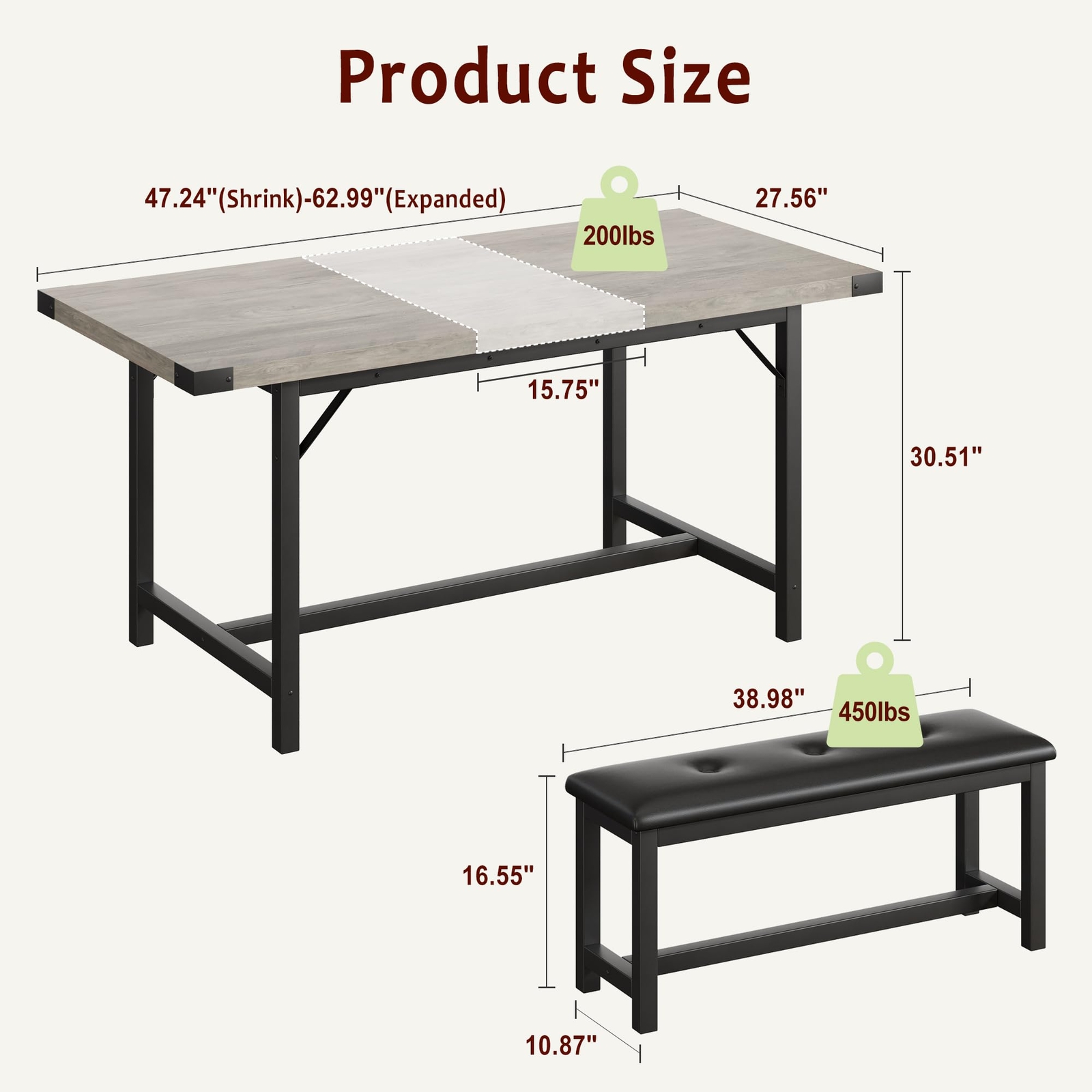3PC Extendable Dinner Table Home Dining Table Set ,Kitchen Table and 2 Benches