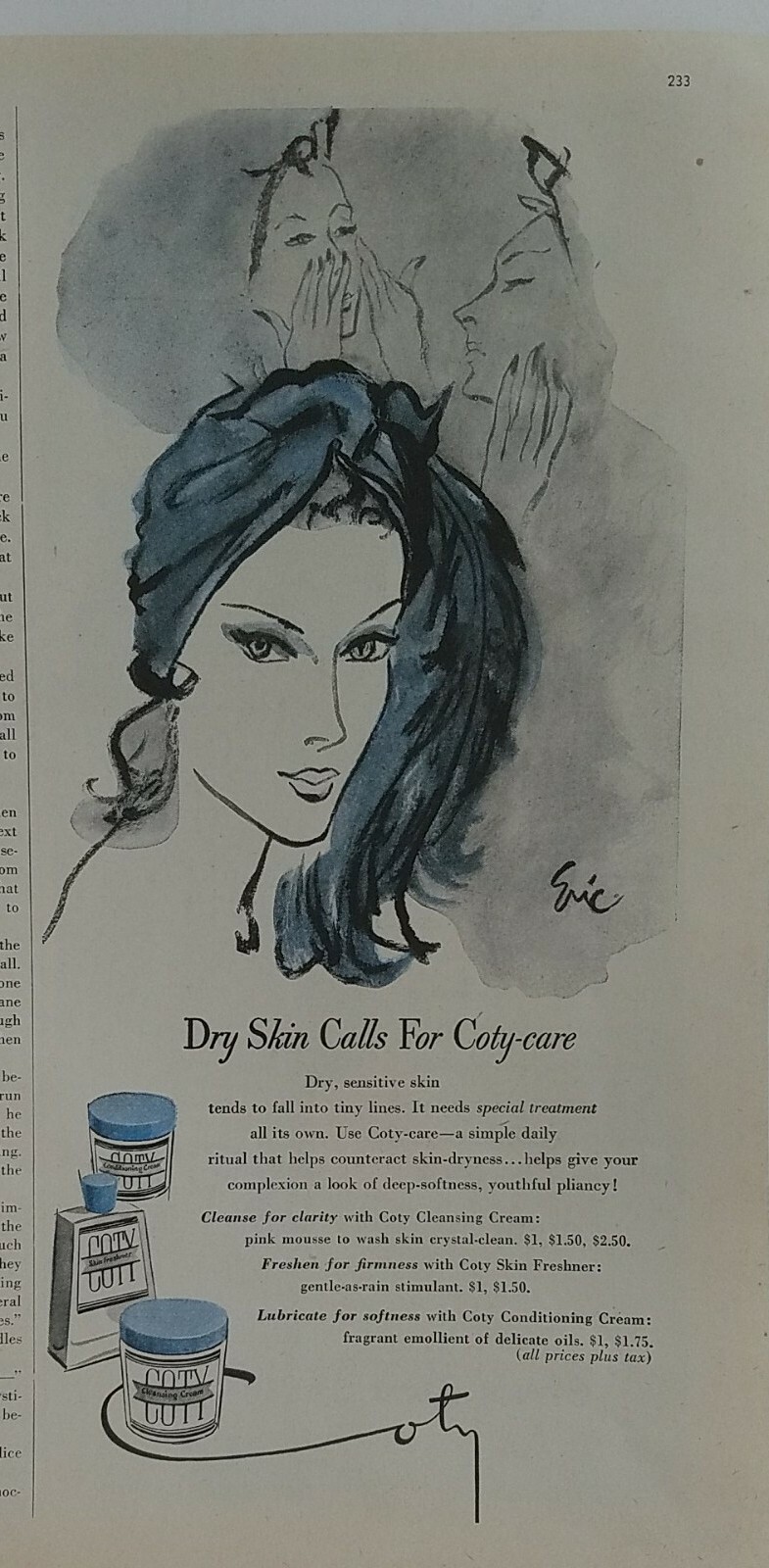 1947 Coty skin freshener cleansing cream cosmetic Carl Erickson art ad