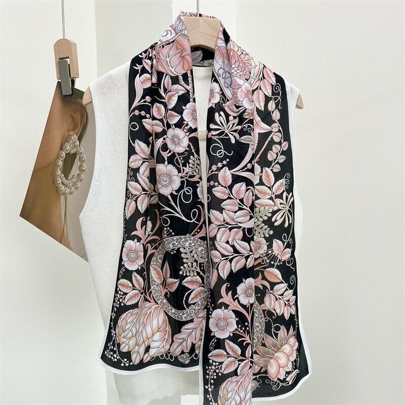 Flower Print Mulberry Silk Crepe Shawl Neckerchief Oblong Scarf Black/Pink