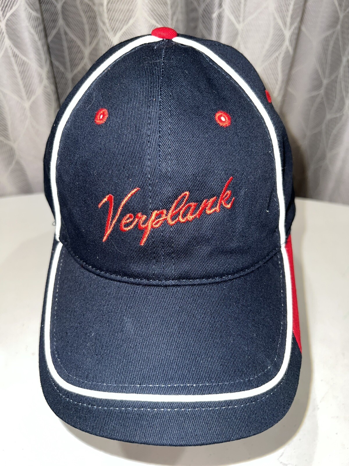 Verplank in Red Script on Navy Blue Hat Cap with White Red Accents EUC Hook Loop