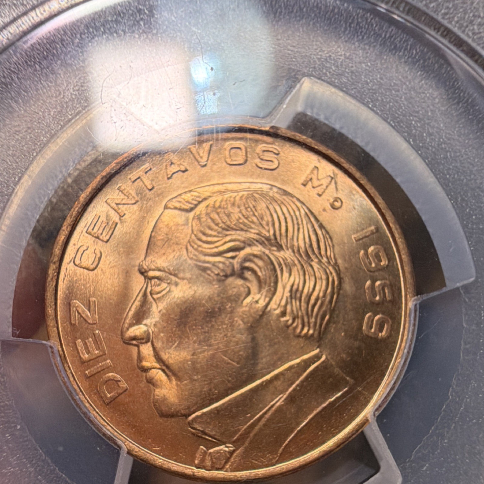 Rare Mexico 1959 Mo 10 Centavos Bronze PCGS MS65 RD KM#438
