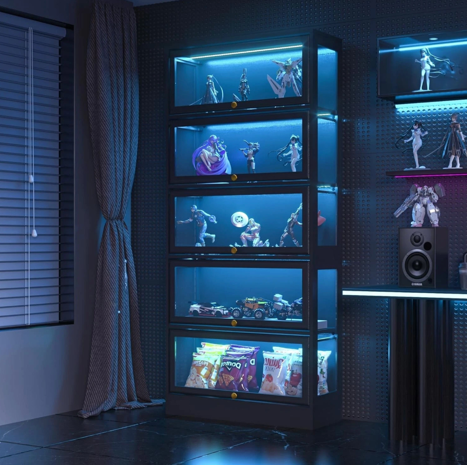 Minifigures Display Case 5 Tier Black LED Light Figure Diecast Car Shelf Cabinet