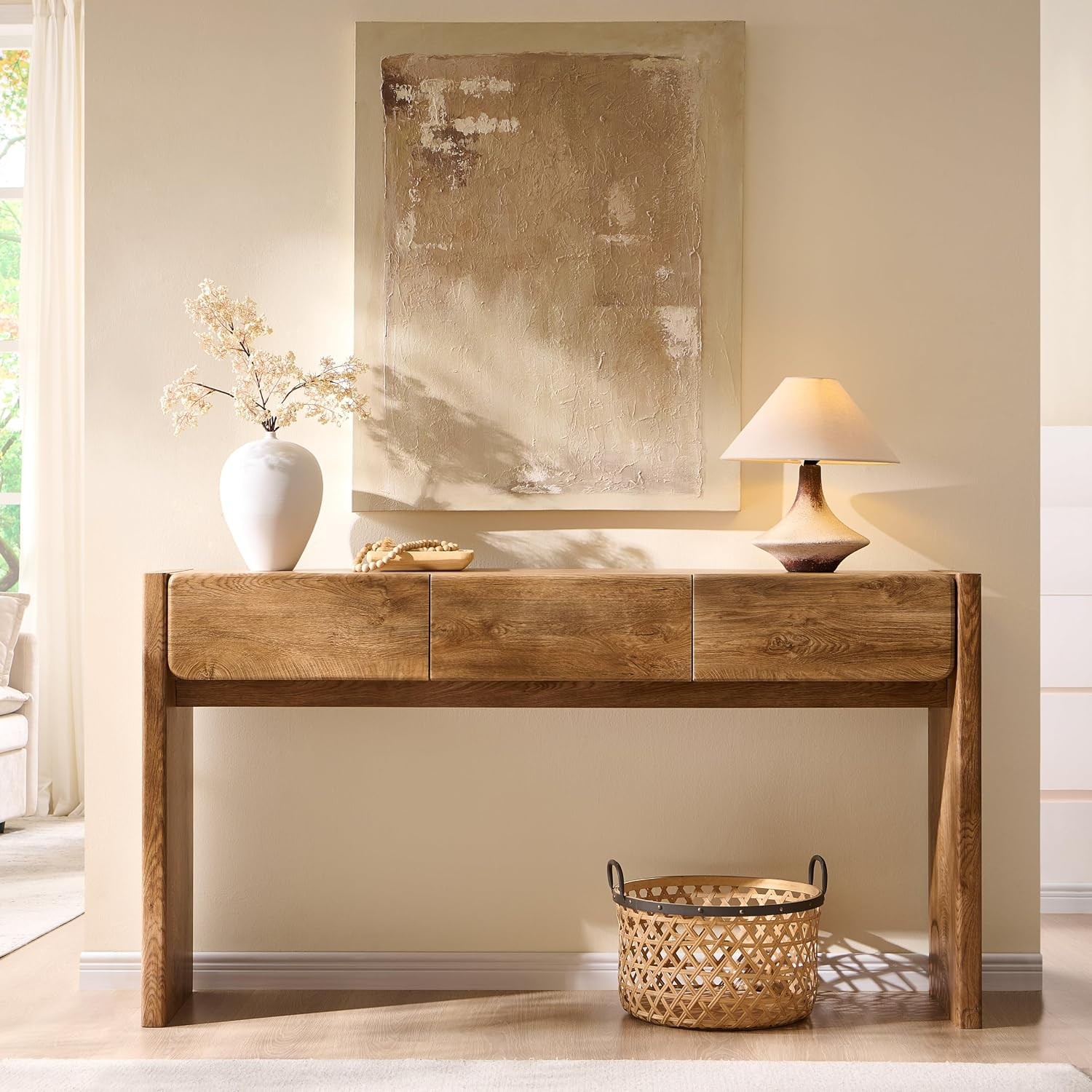 63'' Console Table W/ 3 Drawers Farmhouse Entryway Table W/ Rounded Corners
