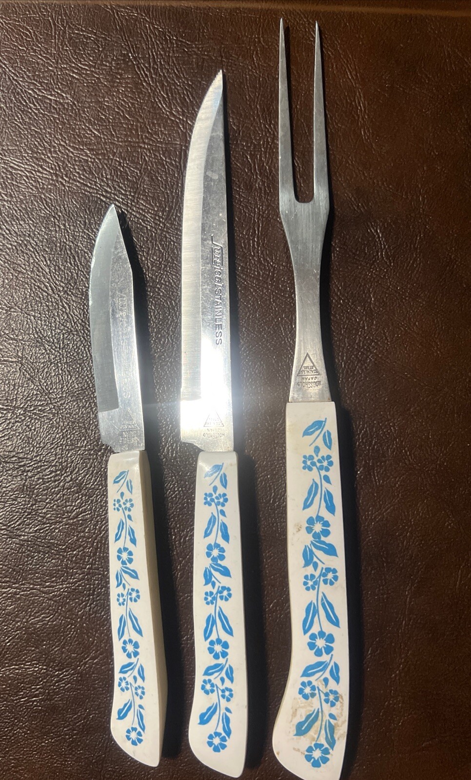1970's Cornflower Cutlery Carving 3 Piece Set Japan Surgical Steel Household