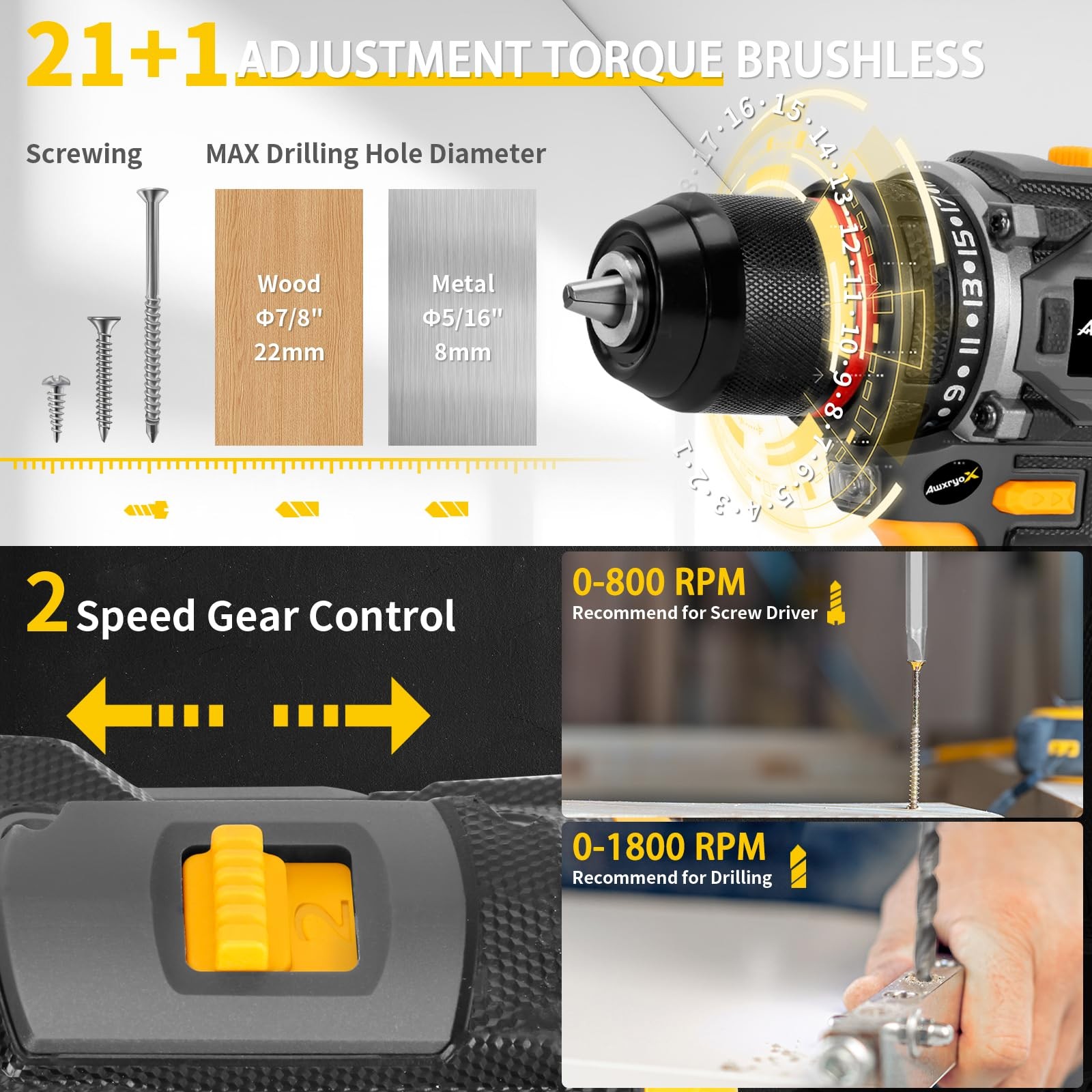 Brushless Compact Drill Tool Set 60n.m 20v Cordless Drill Tool Box With 2 Batter