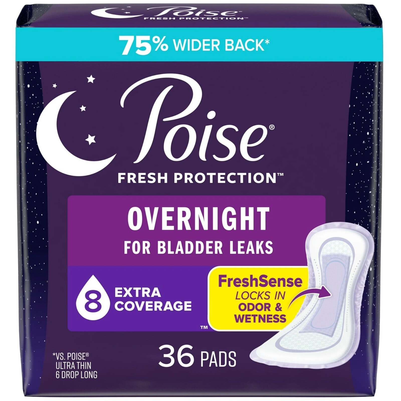 Poise Incontinence Pads for Women, 8 Drop, Overnight Absorbency, Extra-Coverage