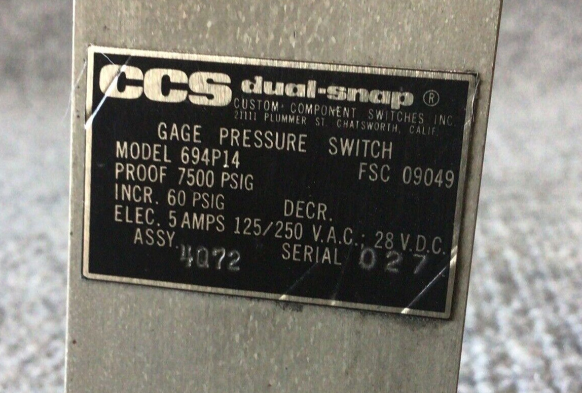CUSTOM CONTROL SENSORS CCS 694P14 Pressure Switch Used