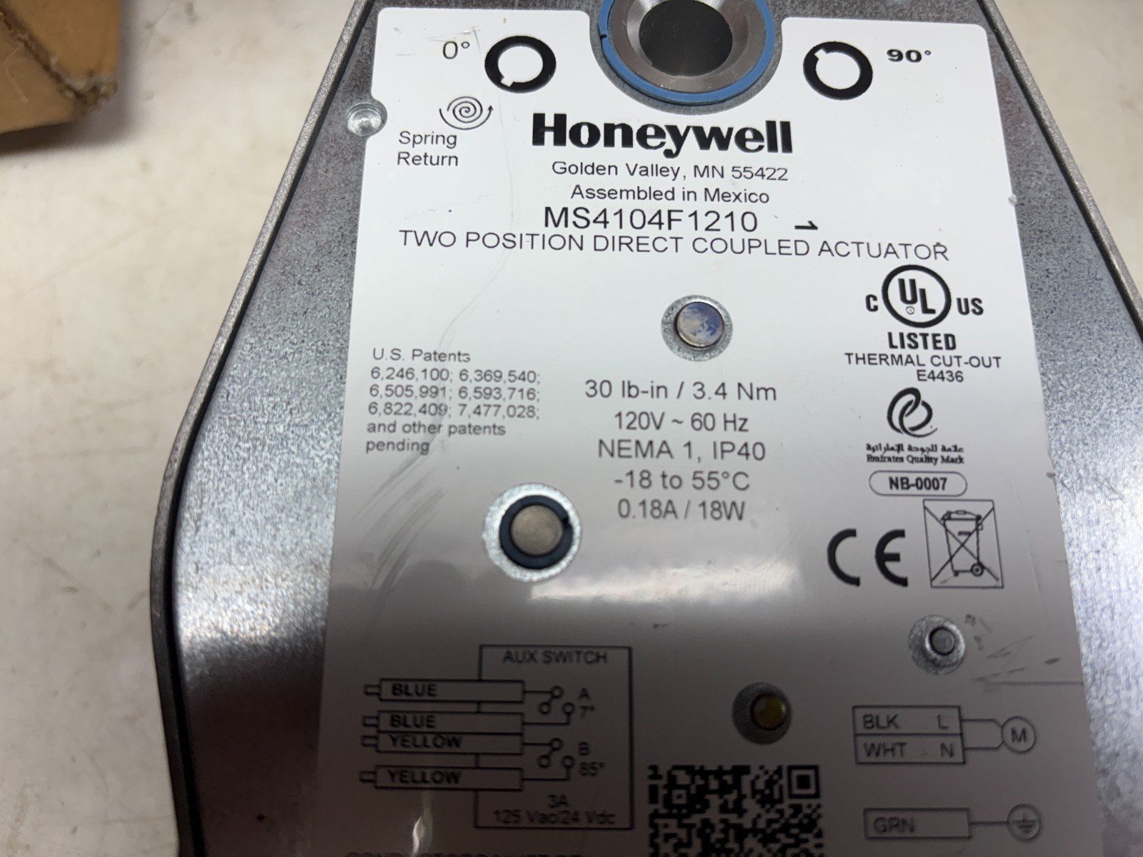 HONEYWELL MS4104F1210 TWO POSITION DIRECT COUPLED ACTUATOR