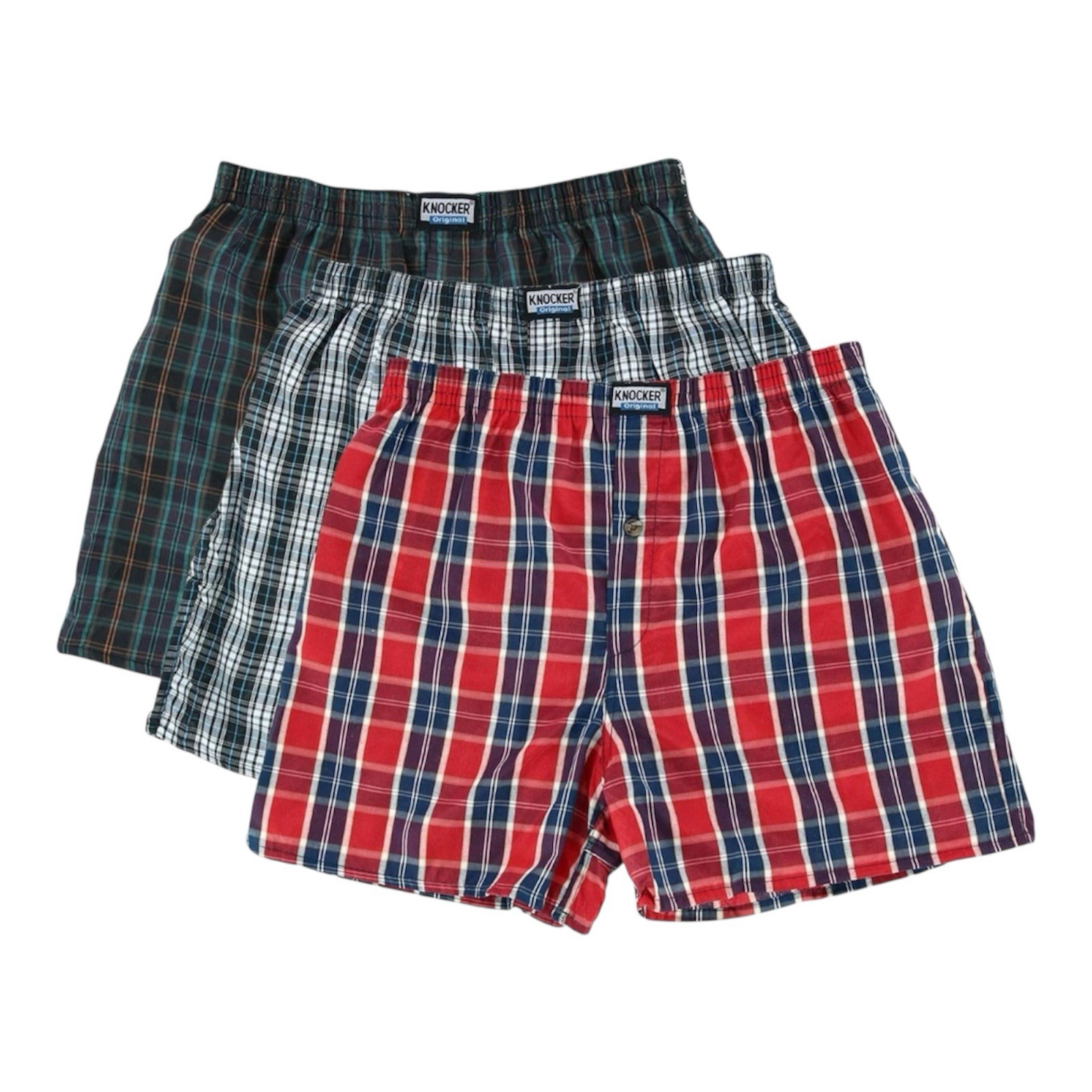 Knocker Men’s Boxers - 3 Pack  Assorted Plaid Colors - Button Fly - Cotton Blend