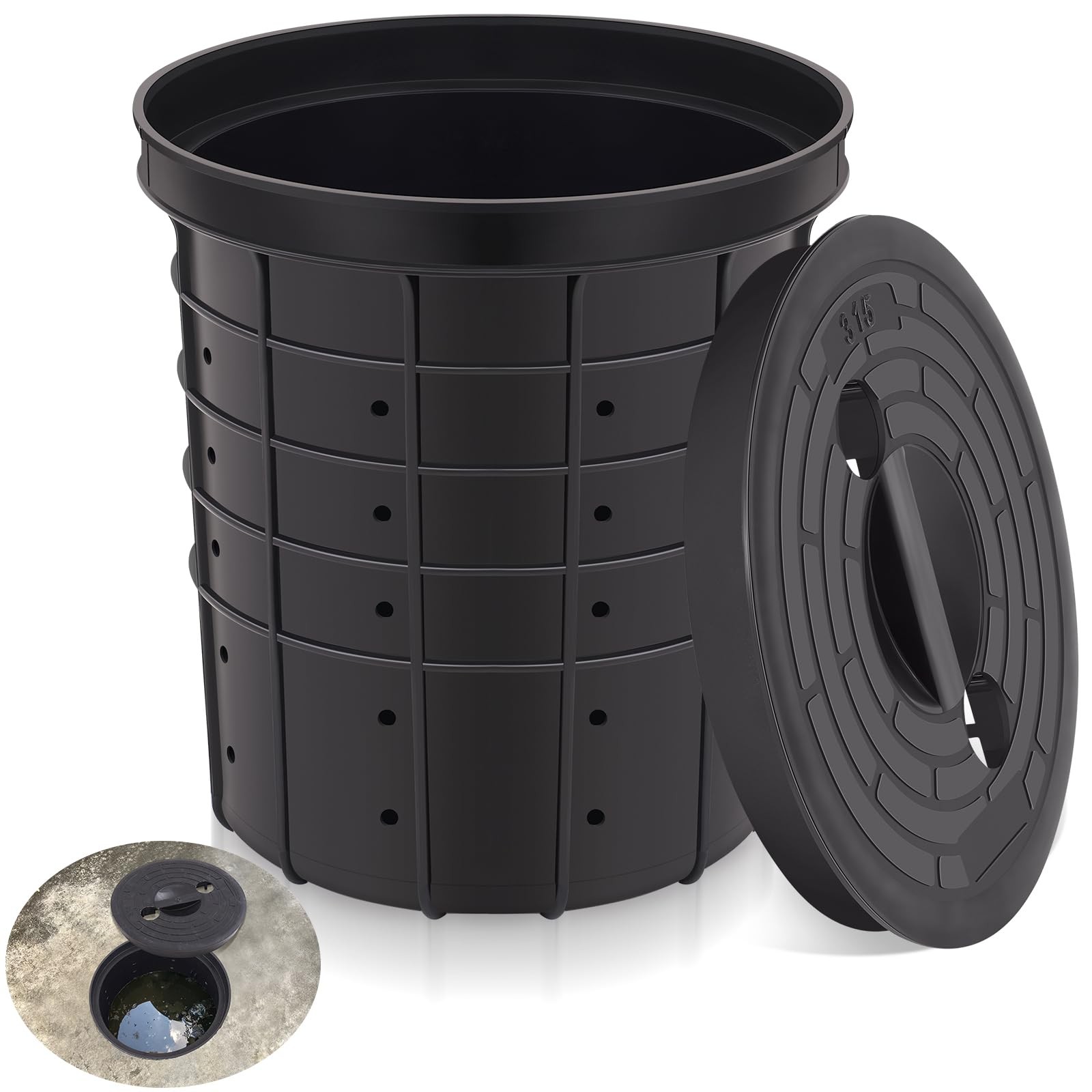 Perforated Sump Basin with Lid Pump 13 x 11.4 x 15 Inch, Black