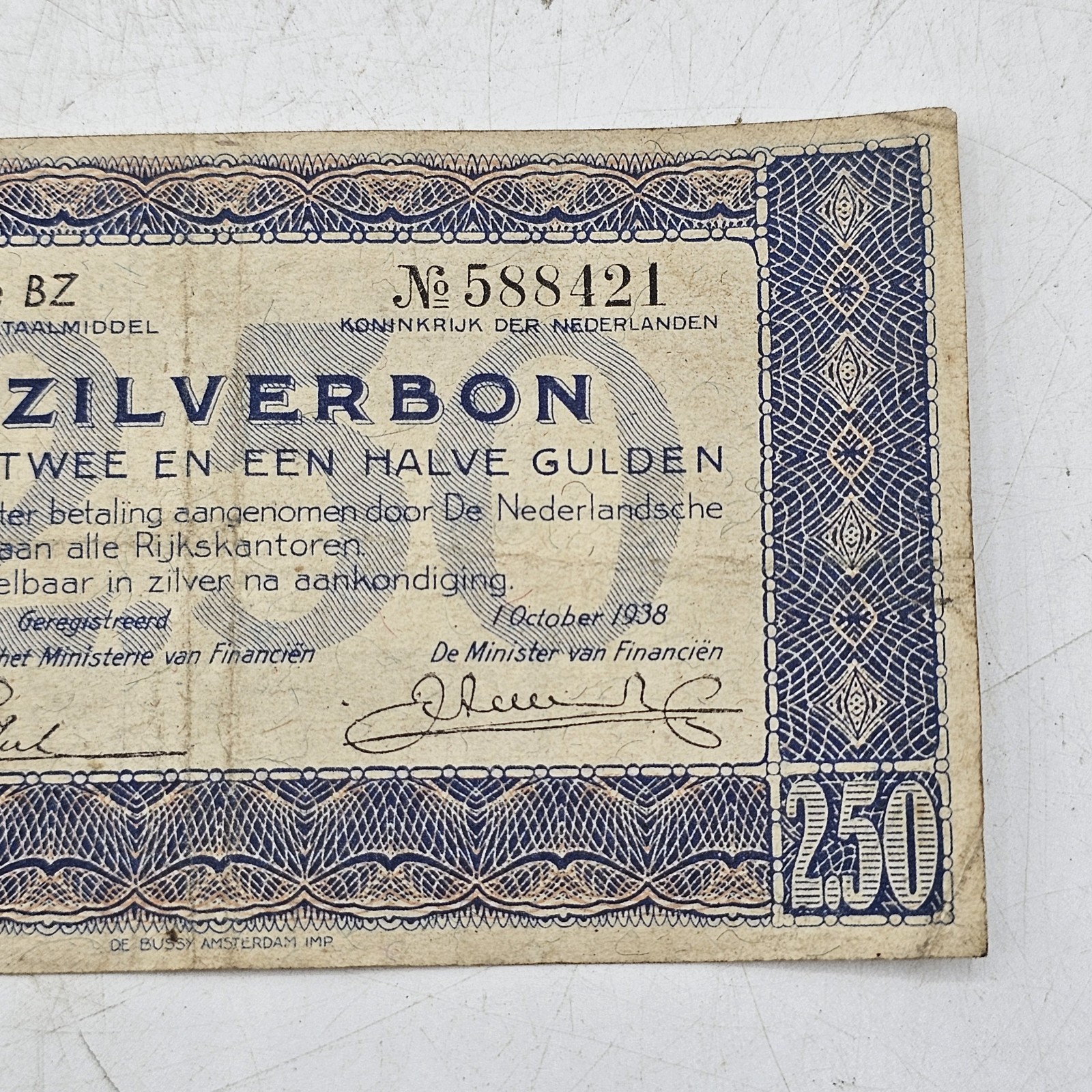 Vintage Netherlands 2½ Gulden Silver Voucher October 1938