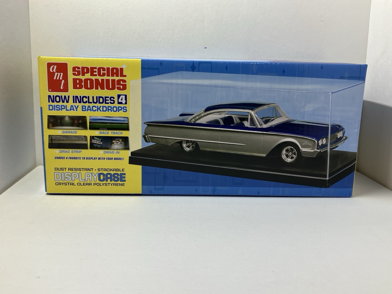 AMT Display Case clear plastic Black Base 1:25 Car Model w 4 Backdrops - AMT600
