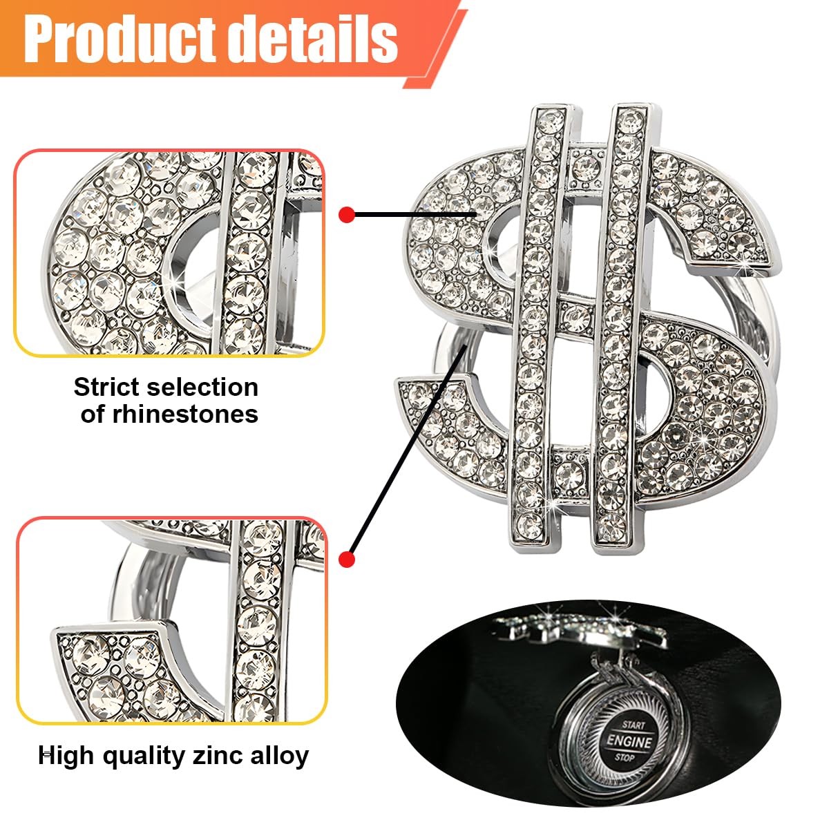 Bling Dollar Car Push Start Button Cover with Rhinestone, Anti-Scratch Engine St