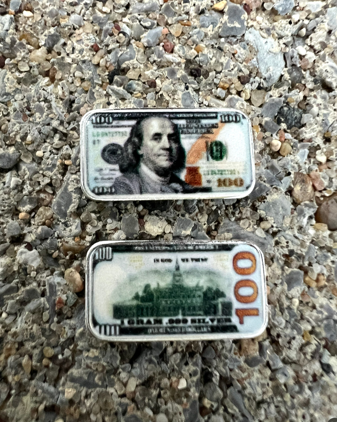 (Two) x  1 Gram Silver Art Bars - Franklin $100 Bill - 1 Gram .999 Fine Silver