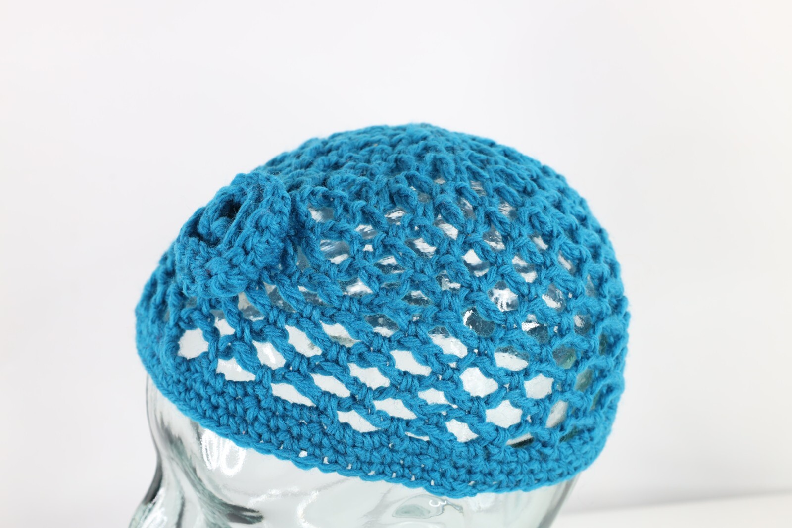 NOS Vtg 70s Streetwear Crochet Wool Knit Flower Skull Beanie Hat Blue Womens OS
