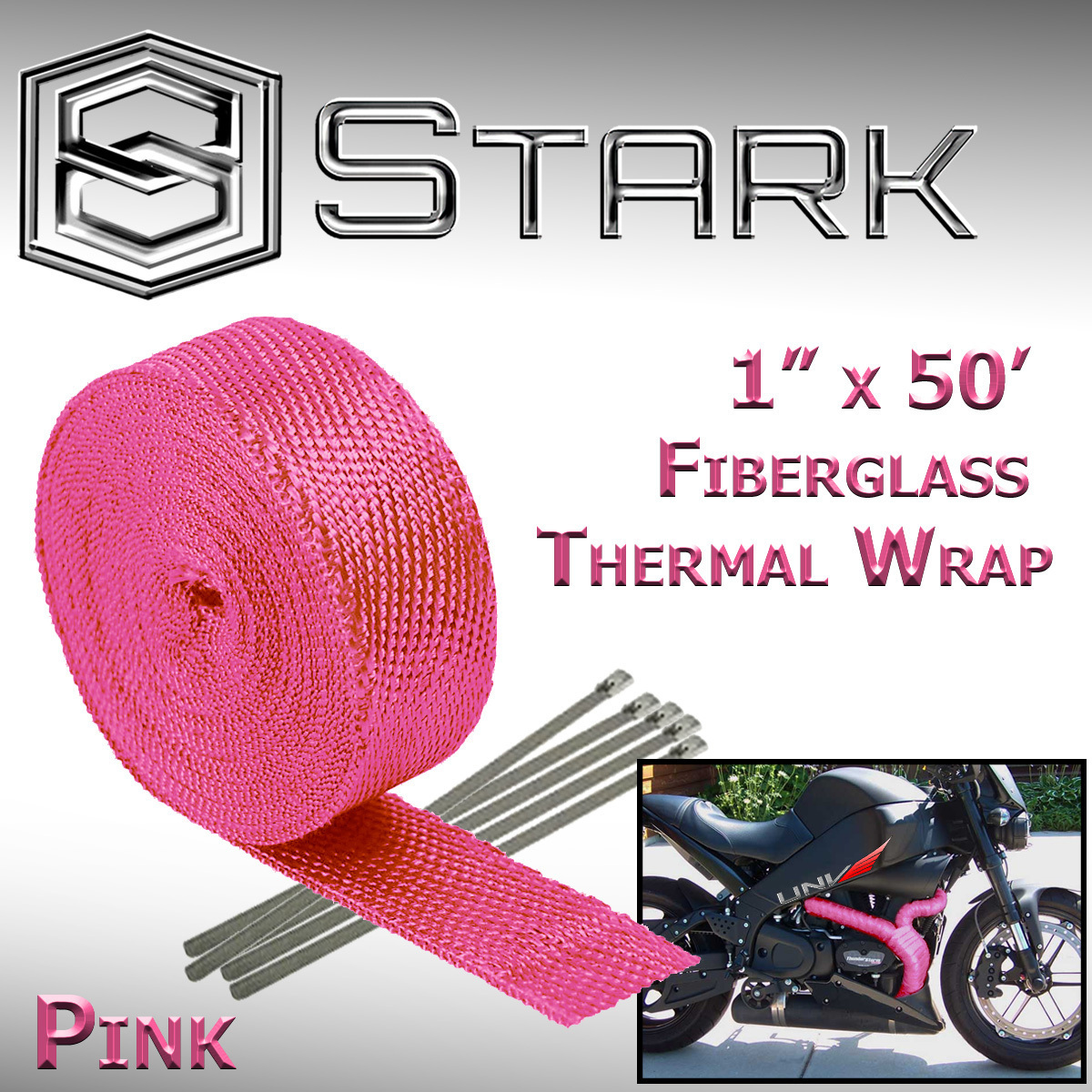 1" x 50' Ft Motorcycle Header Exhaust Heat Wrap Fiberglass Manifold Ties - Pink
