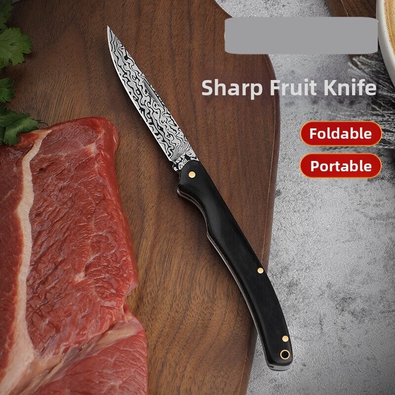 Damascus folding knife with ebony handle, fruit pocket knife, survival knife