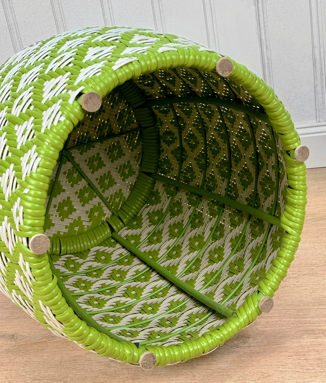 Vintage Boho Avocado Green & White Argyle Faux Wicker Garden Stool