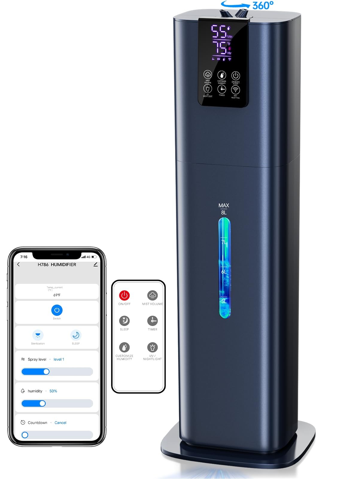 8L Smart Humidifiers for Bedroom Large Room, 2.1Gal Cool Mist Top Fill  Diffuser