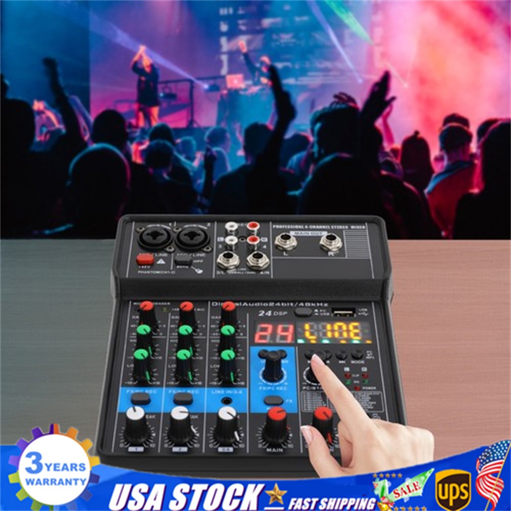 Mini Audio Mixer Bluetooth USB DJ Console 4 Channel Karaoke Live Studio 24 DSP