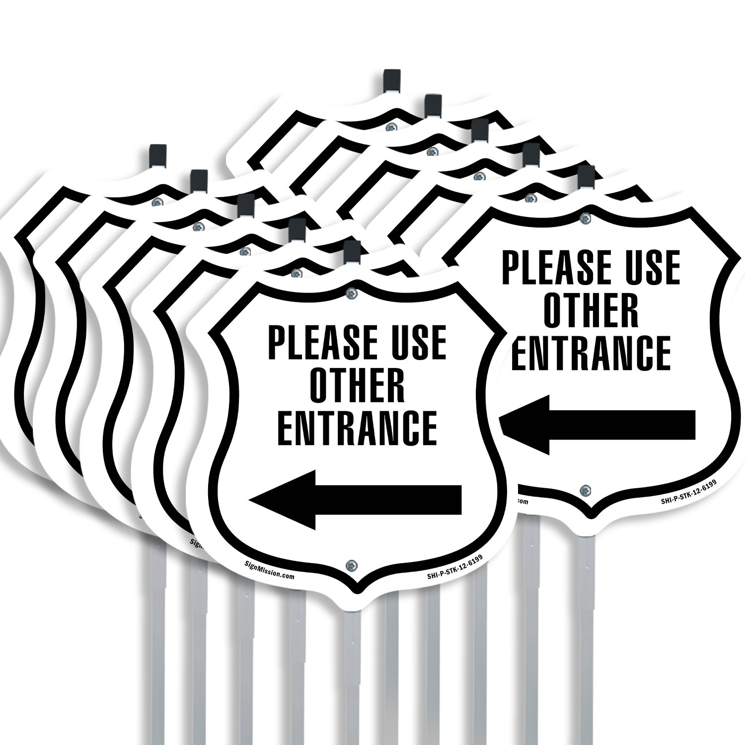 Please use Other Entrance Left Arrow Shield Shaped Sign With Stake