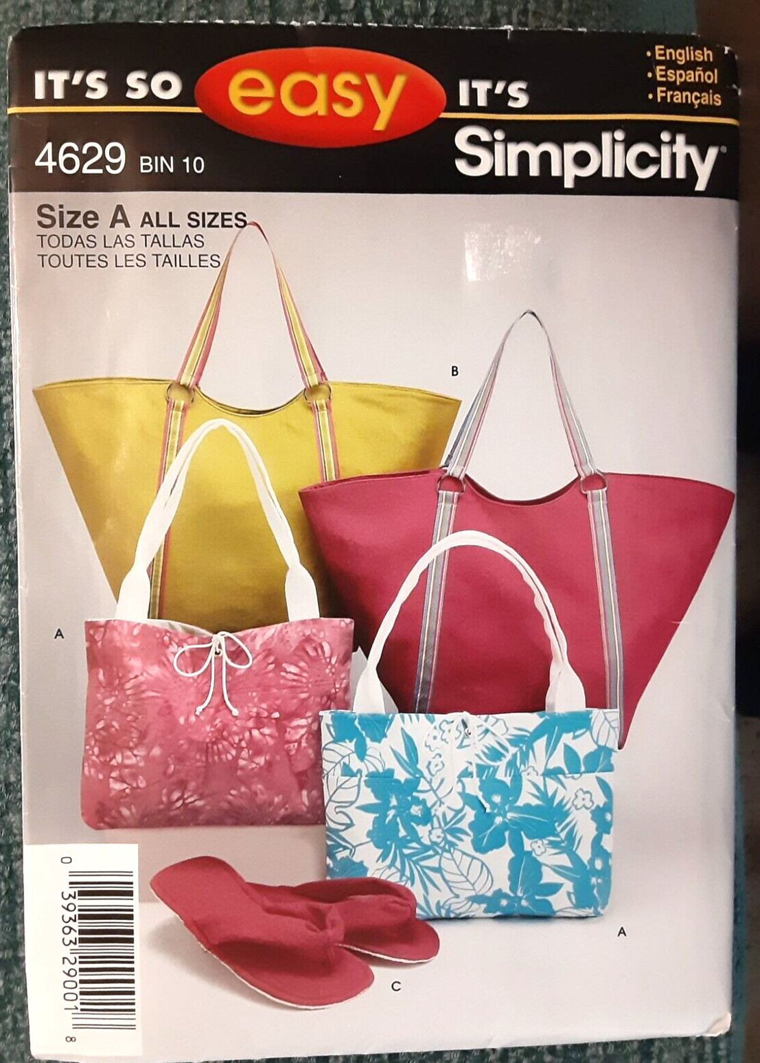 Simplicity Pattern 4629 Bags & Slippers in 3 Sizes Sewing Craft Project (H)
