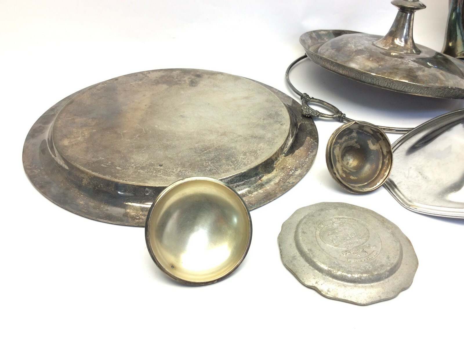 Mixed Vintage Lot Used Metal Silverplate Pewter Trays Pitcher Platters Parts