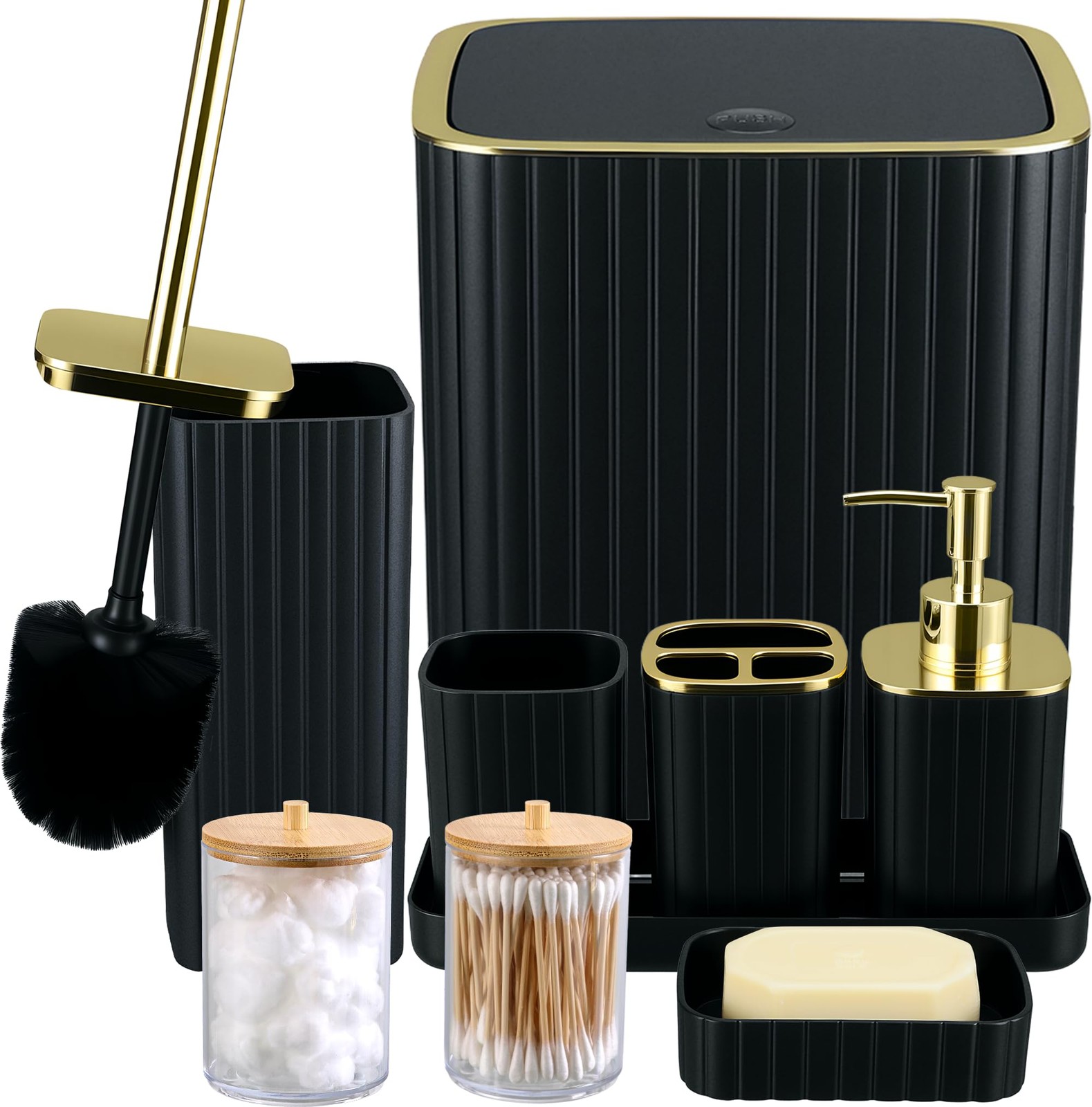 9PC Set Black and Gold Bathroom Accessories Set with Trash Can, Toilet Brush,...