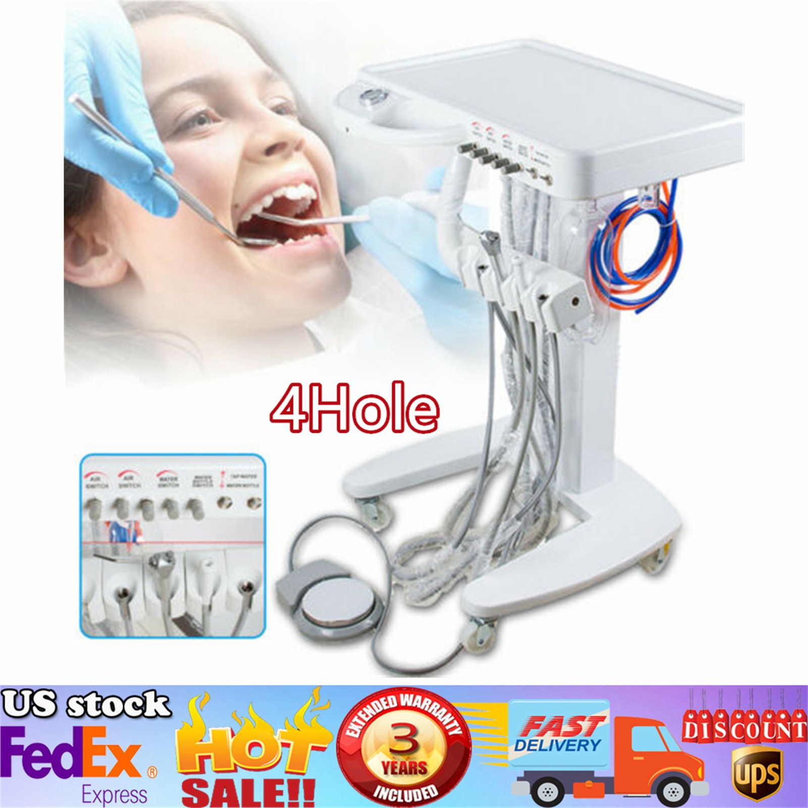 Portable Mobile Dental Delivery Unit System Cart Treatment Compressor 4-Hole USA