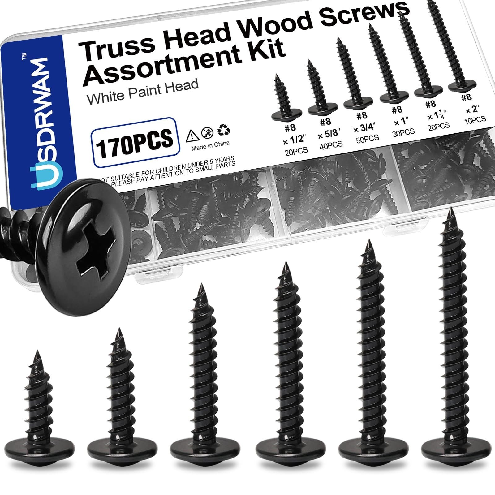 170 Pcs #8 Black Wood Screws Assortment Kit, Pan Head Self Tapping Screws, 6 ...
