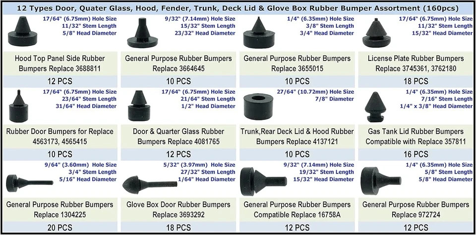 160 PCS Rubber Bumper Assortment Compatible With GM Fit Many Model