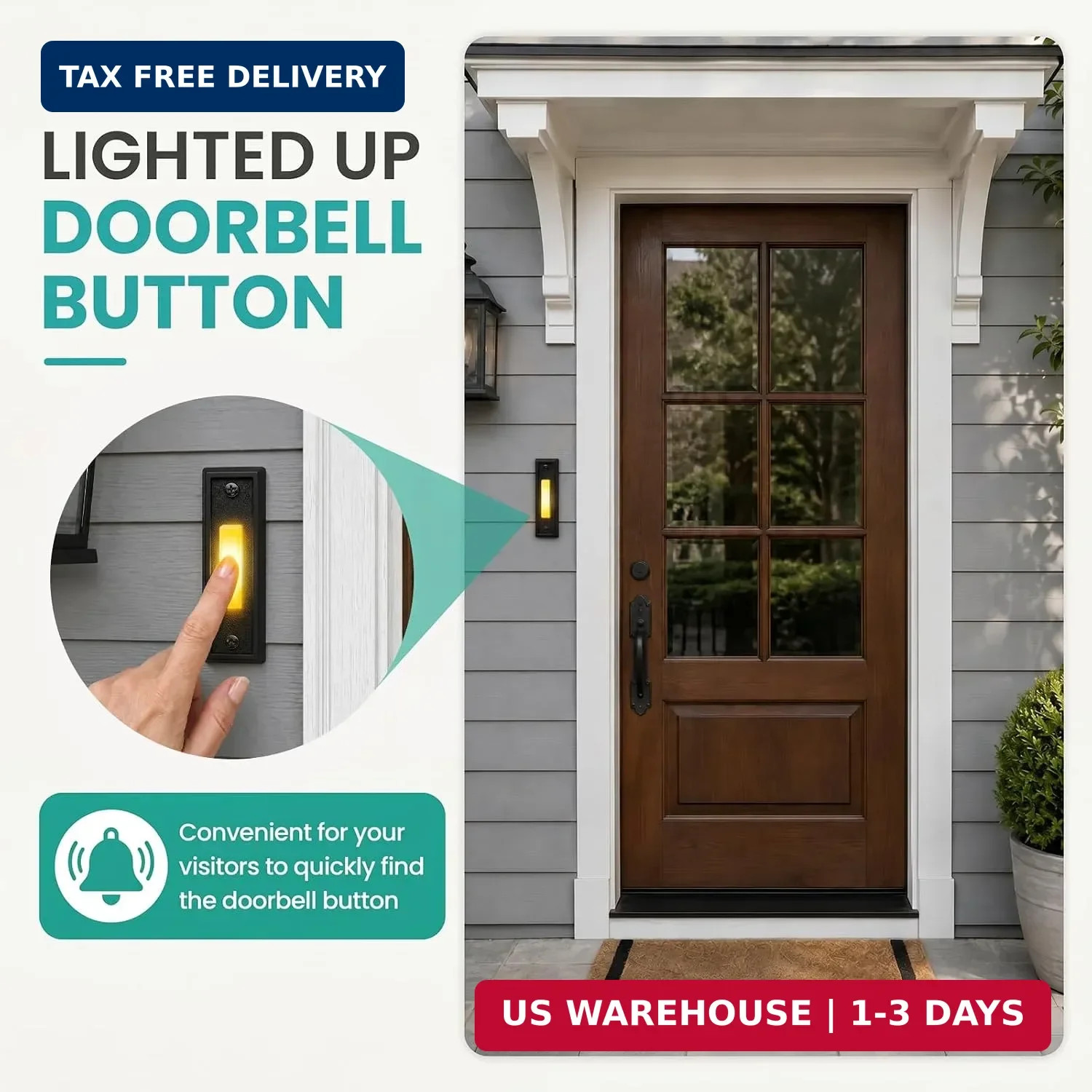 Lighted Doorbell Push Button - Wired Metal Front Door Bell Switch with Illuminat