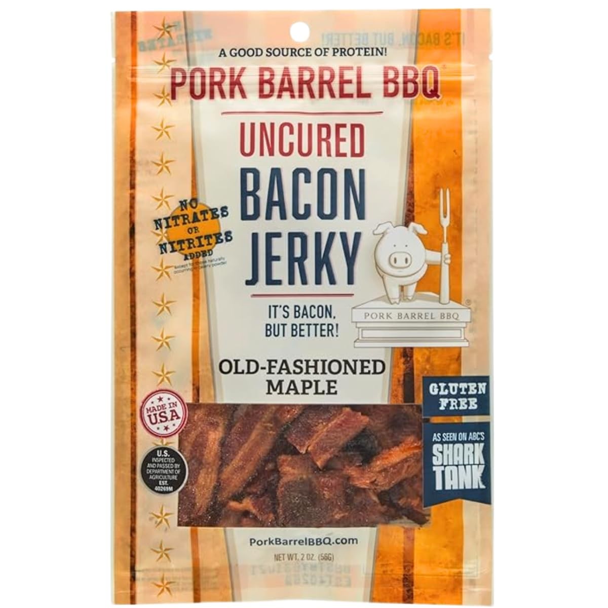 Pork Barrel BBQ Uncured Bacon Jerky Old-Fashioned Maple Sweet Maple Brown