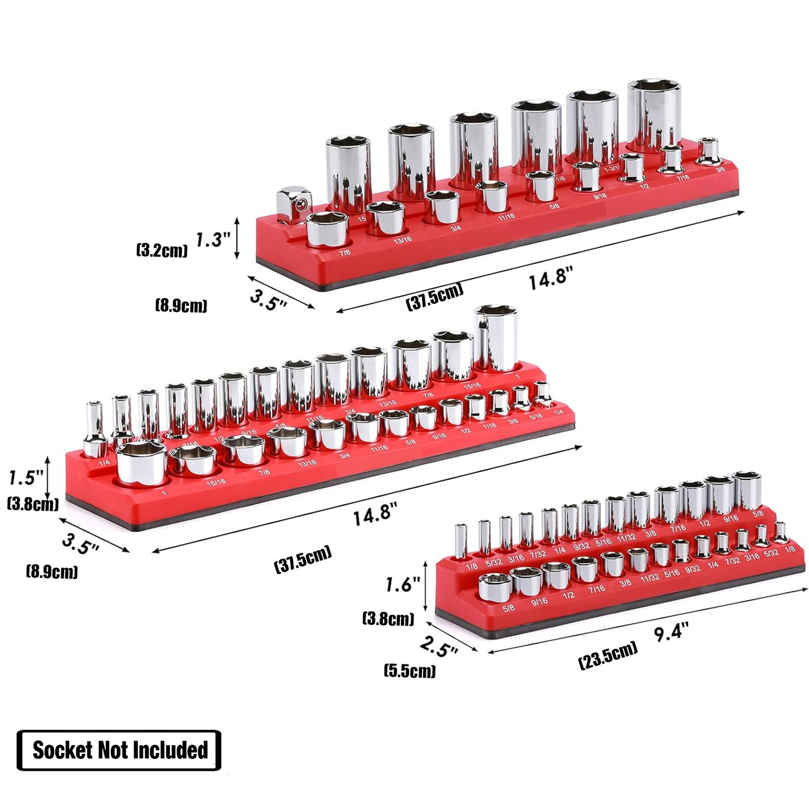 3Pcs Magnetic Socket Organizer Set 1/4", 3/8" and 1/2" Drive SAE Socket Holder