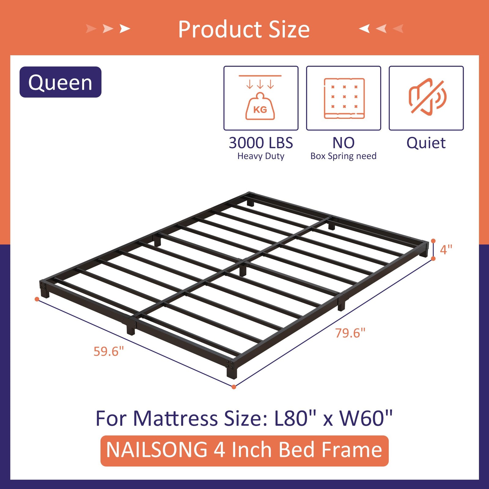 4 Inch Bed Frame Queen Size, Queen Bed Frame Low Profile